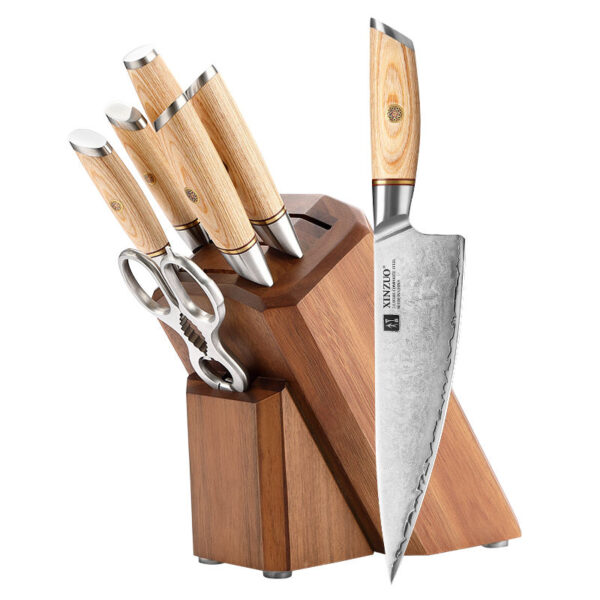 8 Pcs Hot Sale Composite Stainless Steel Pakka Wood Restaurant Kitchen Chef Knife Set with Sharpener Scissor Wooden Block